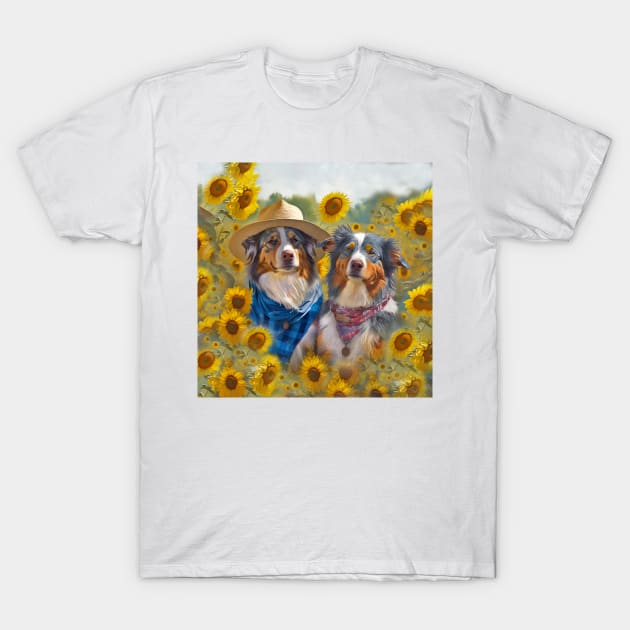 Australian Shepherd Farmers in Sunflowers T-Shirt by candiscamera